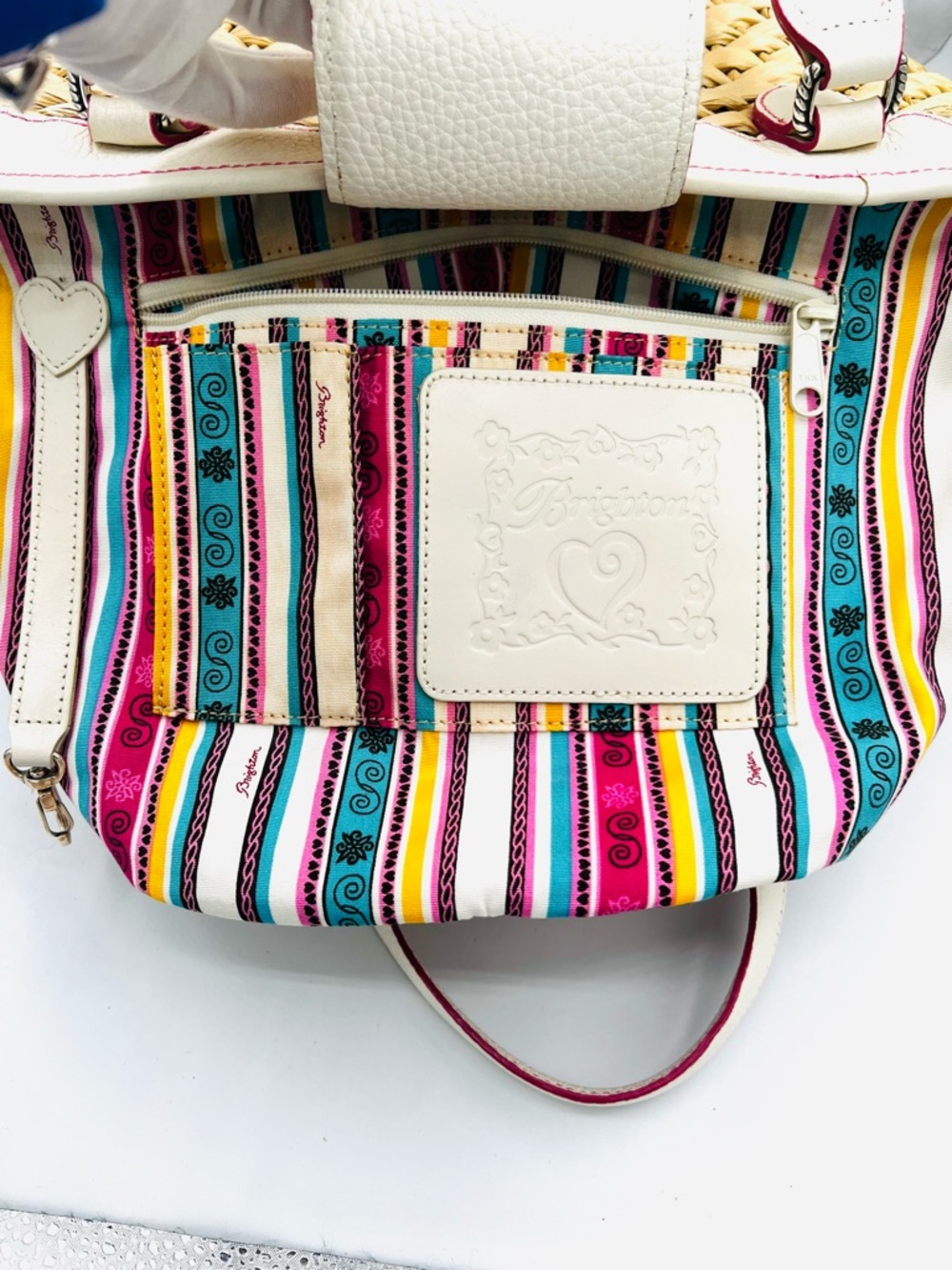 Brighton Straw Tote Floral Embroidery and White Trim - Picture 10 of 13